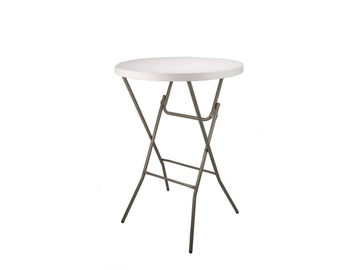 A small round folding table with a white top and metal legs.