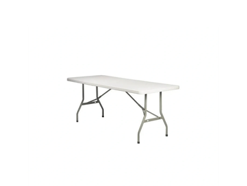 A rectangular white folding table with metal legs.