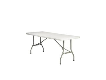 A rectangular white folding table with metal legs.