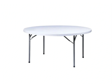 A round white folding table with metal legs.