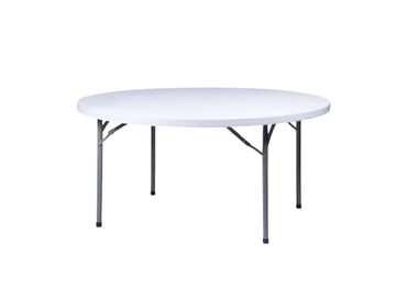 A round white folding table with metal legs.