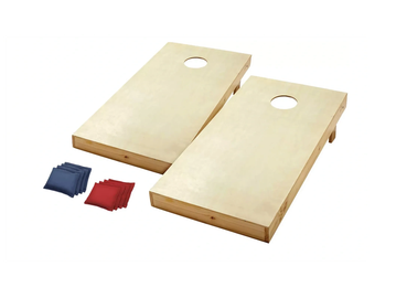 Wooden cornhole boards with red and blue bean bags.