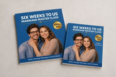 Two books titled 'Six Weeks to Us Marriage Master Class' on a beige surface.