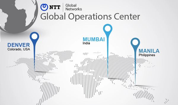 A simple map illustrating a global footprint of network operations centers