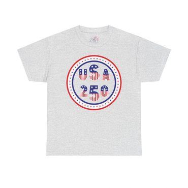 Gray T-shirt with a USA 250 patriotic emblem in red, white, and blue.