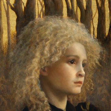 Artwork of a woman with white curly hair standing at a forest