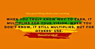 Motivational quote on earning and vision by HanuGurukul on a colorful background.