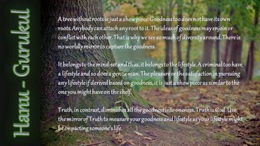 A large tree trunk in a forest with a philosophical quote about goodness and truth by Hanu Gurukul.