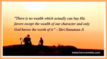 Quote by Shri Hanuman Ji about character and divine favor with sunset silhouette.