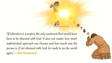 A quote about liberation and obsession with God, illustrated with a kneeling figure and divine symbols.