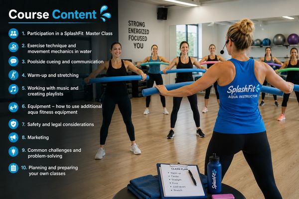 Aqua fitness instructor leads a class with blue pool noodles.