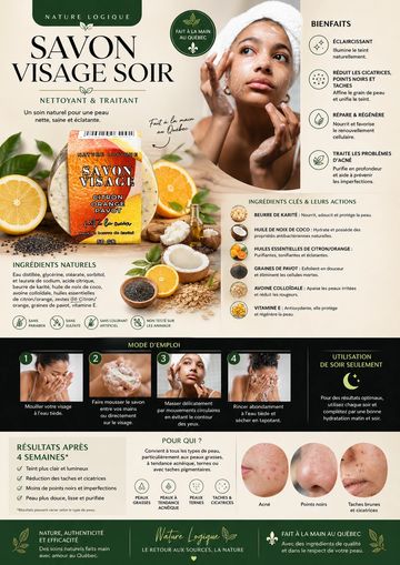 Savon visage soir naturel nettoyant et traitant pour une peau saine.
