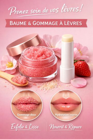 Lip care products with balm and scrub for exfoliation and hydration.