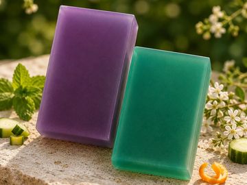 Deux savons rectangulaires colorés sur une surface.