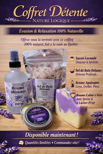 Coffret Détente with natural lavender and relaxation products from Quebec.