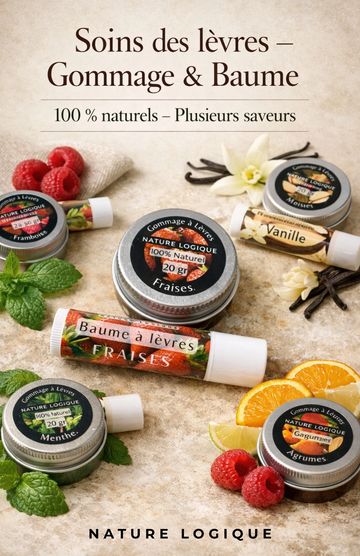 Soins des lèvres naturels avec gommage et baume aux saveurs variées.
