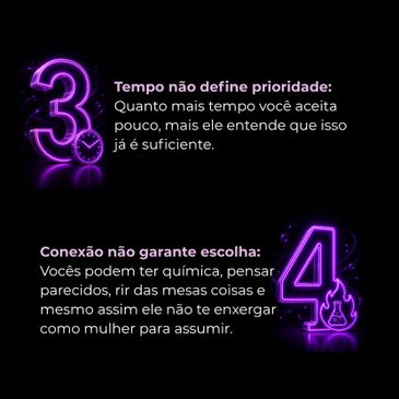 Neon numbers 3 and 4 with Portuguese relationship advice about time and connection.
