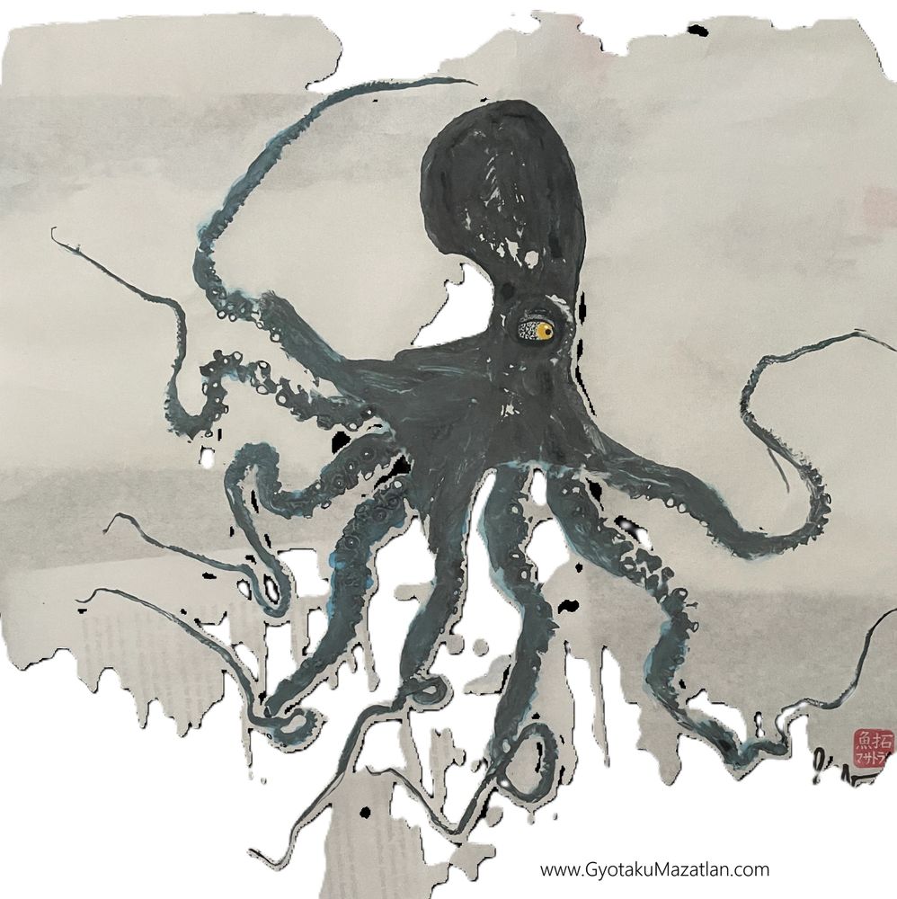 Ink-style painting of a detailed octopus with flowing tentacles.