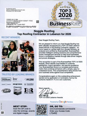 Noggle Roofing awarded Top Roofing Contractor in Lebanon for 2026 by BusinessRate.