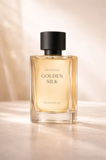 Elegant perfume bottle labeled "Golden Silk" with a black cap.