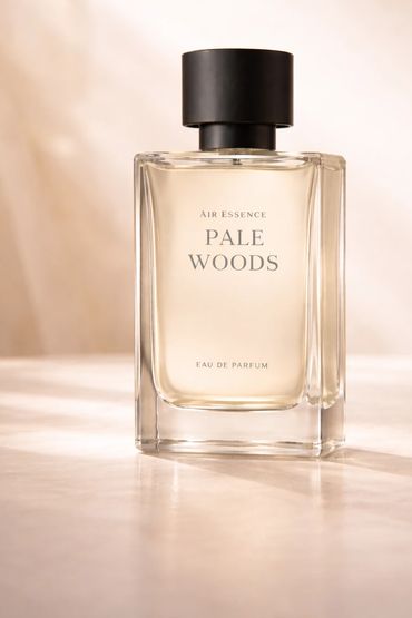 Elegant perfume bottle labeled Pale Woods with a black cap.