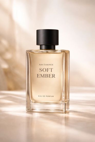 Elegant perfume bottle labeled 'Soft Ember' with a black cap and warm amber liquid.
