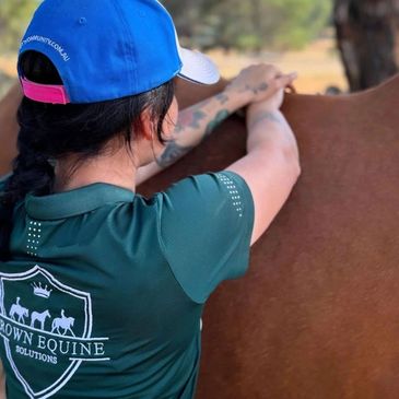 Nikita from Crown Equine Solutions massaging horse using deep direct pressure and compression.