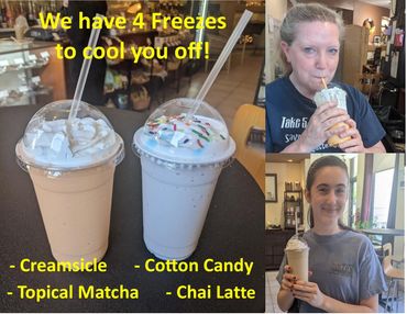 Two frozen drinks with whipped cream and sprinkles, and two women enjoying their drinks.