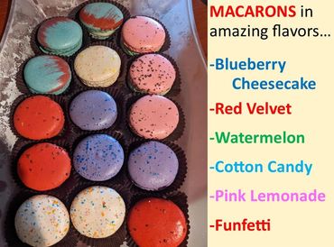 Colorful macarons in various unique flavors displayed in a box.
