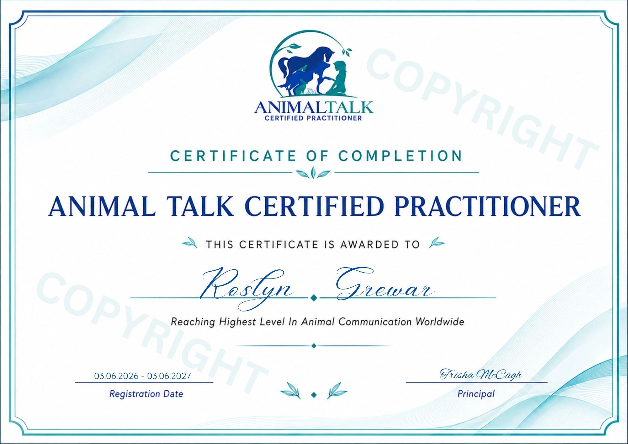 Certificate for Animal Talk Certified Practitioner awarded to Roslyn Grewar.