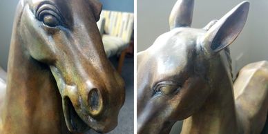 Close-up views of a bronze horse sculpture's head from different angles.