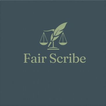 Logo with a feather and scales symbol above 'Fair Scribe' text.