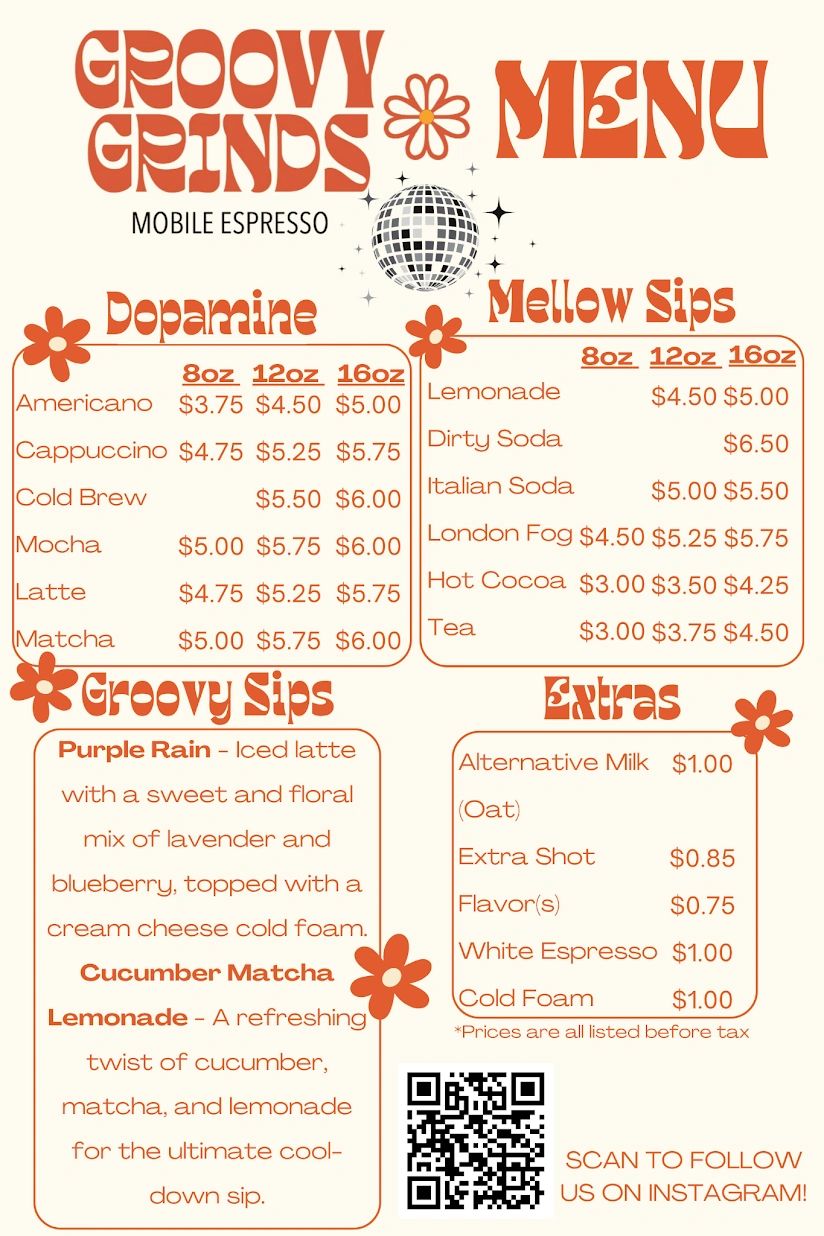 Groovy Grinds mobile espresso menu with coffee, sodas, specialty drinks, and extras.
