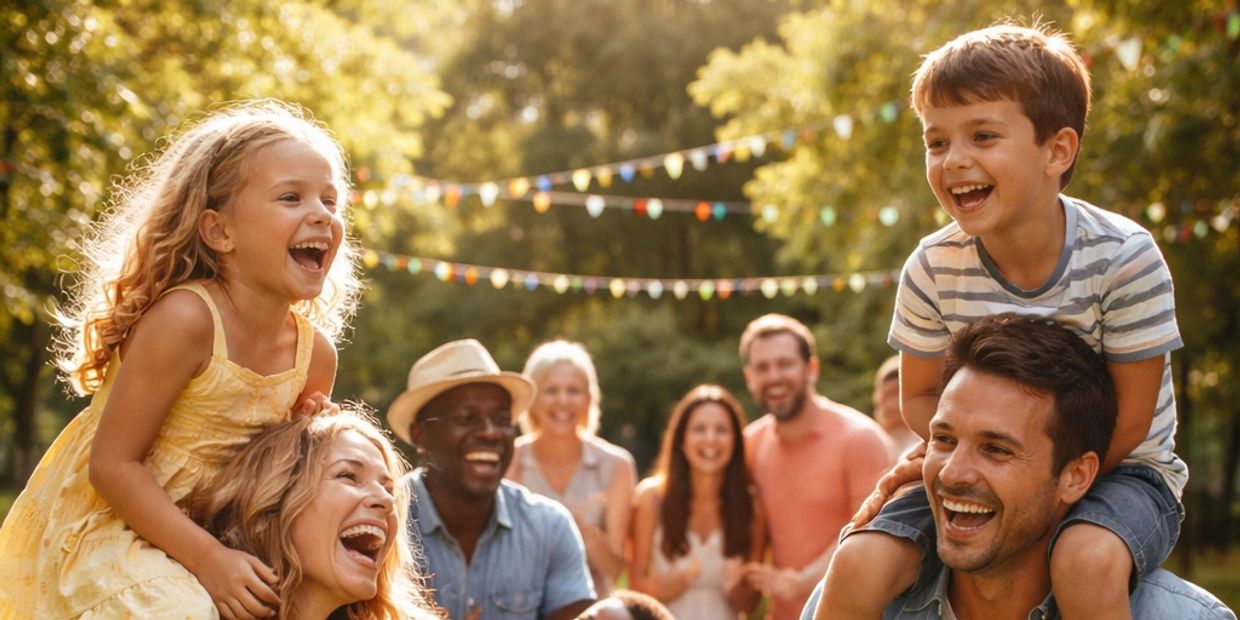 Happy families enjoying a sunny outdoor gathering with laughter and joy.