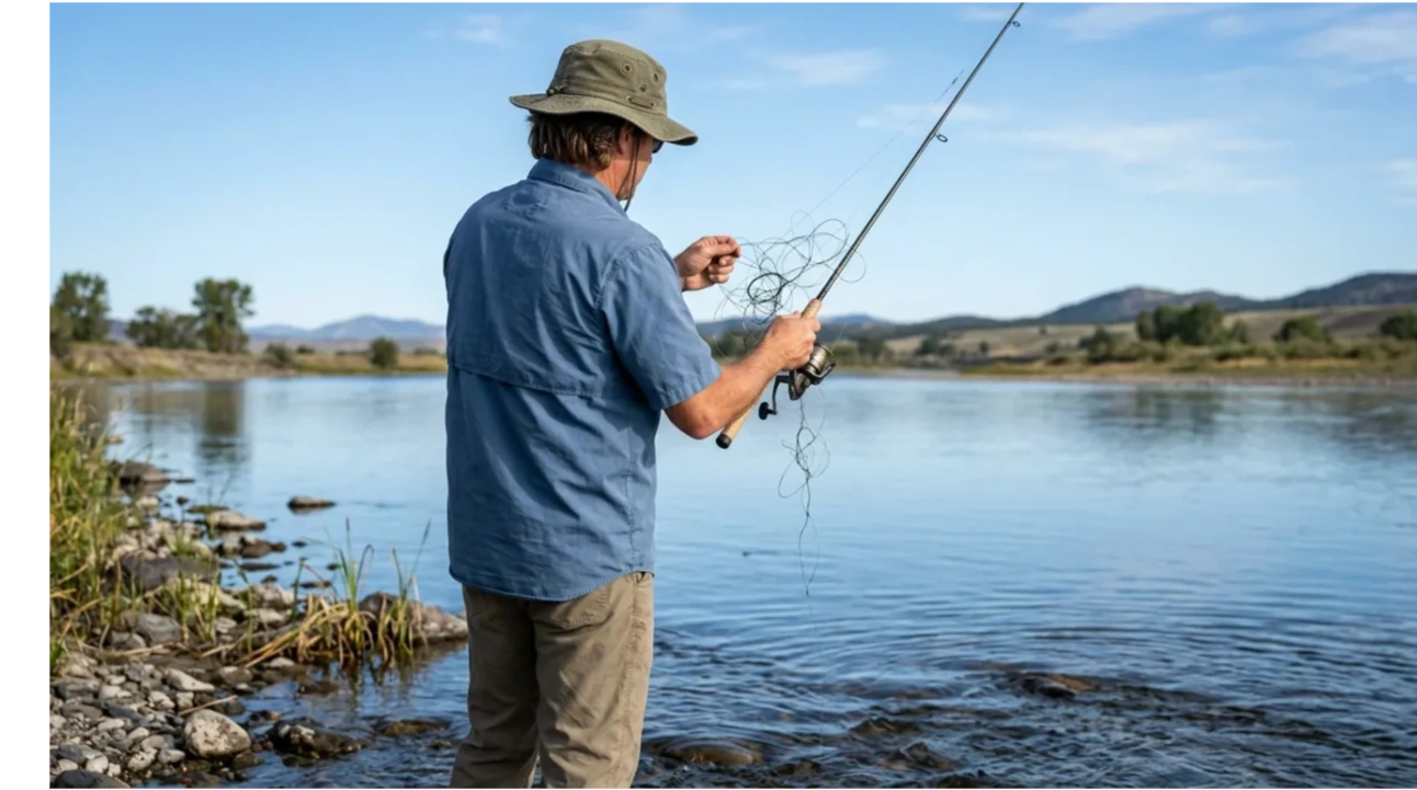 Man untangling fishing line by a river.