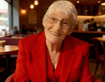 Toria in a red blazer with glasses and a cross necklace in a cozy café.