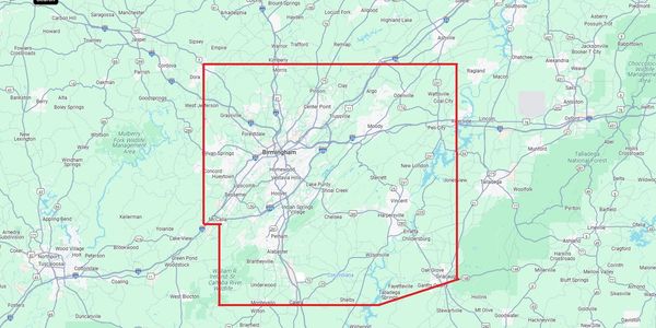 Map highlighting Birmingham area in Alabama with key highways and towns.