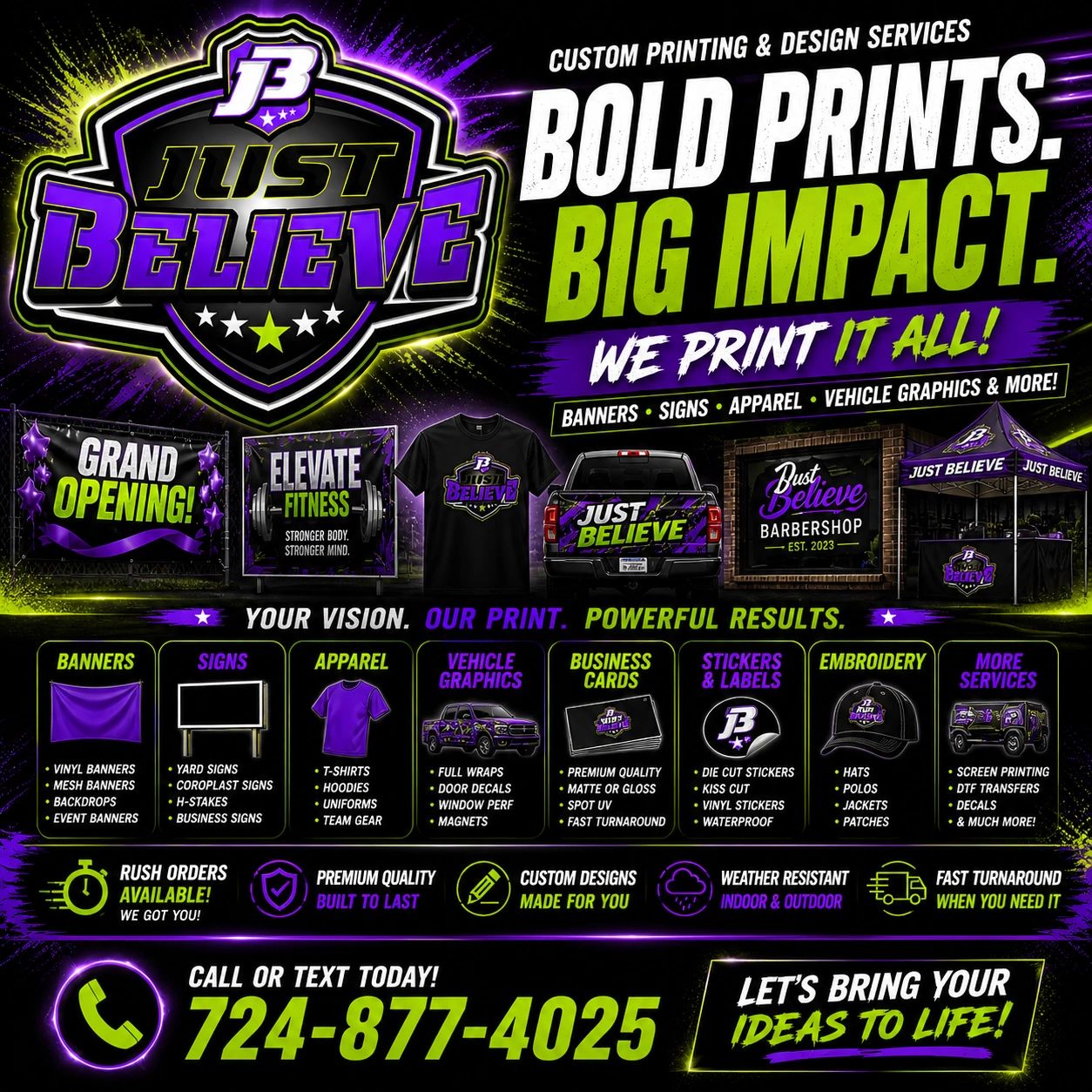 Just Believe offers bold custom printing services for banners, signs, apparel, and more.