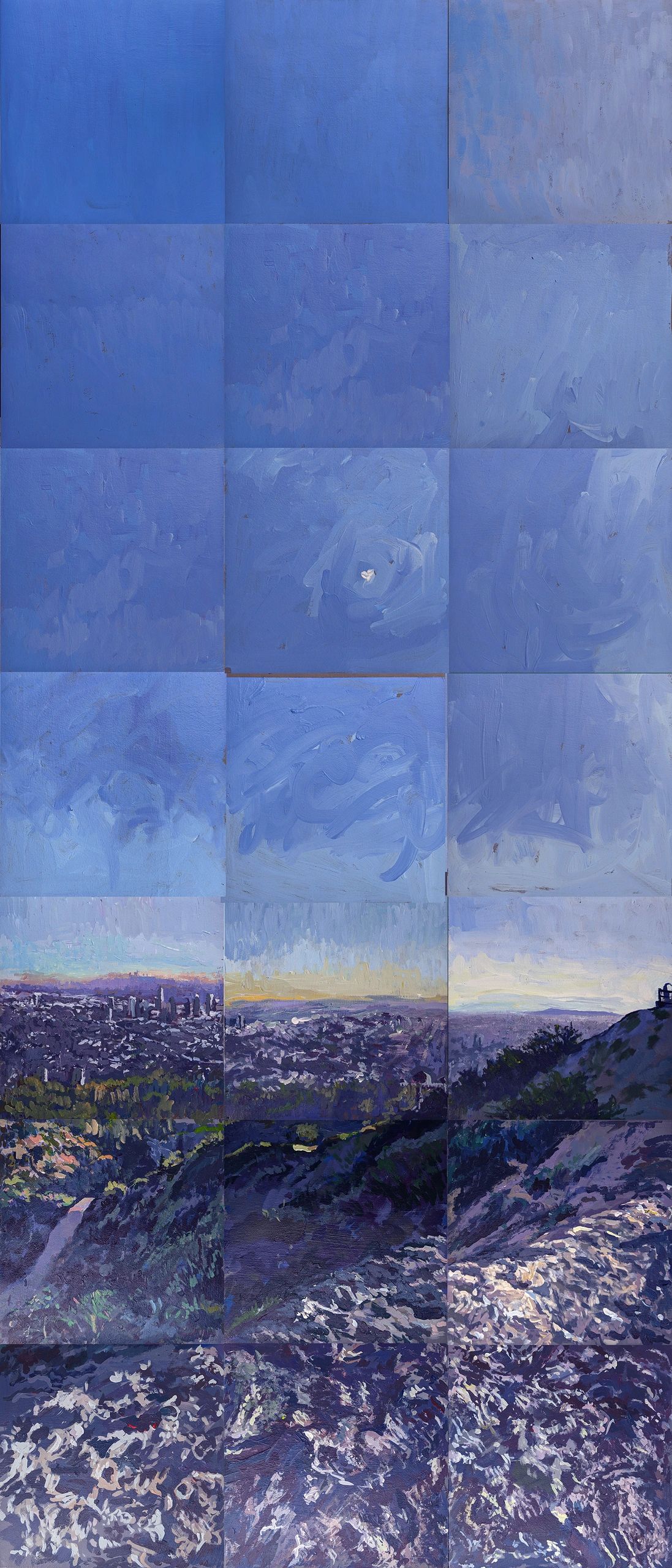 View From Mount Hollywood in Griffith Park.  Early morning, Acrylic on Pellon 27" x 63"
