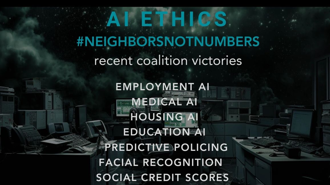 Dark room with computers highlighting AI ethics and coalition victories in various AI sectors.