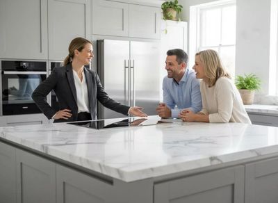 A real estate agent showing a modern kitchen to a couple.