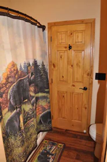 a bear print curtain for a shower area