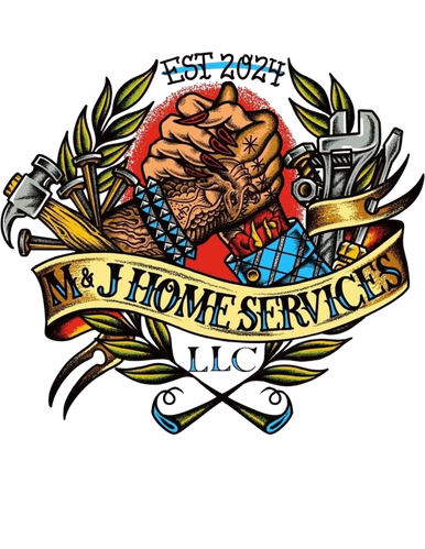 Logo of M & J Home Services with tools and clasped hands.