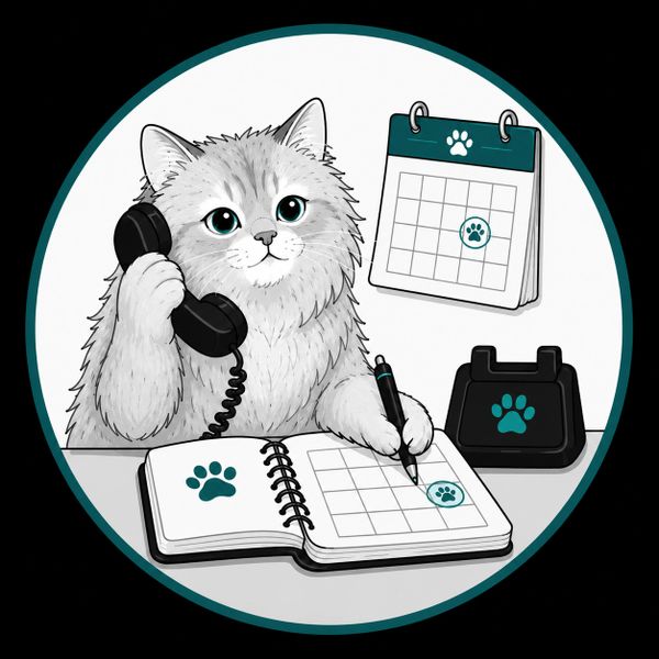 A cat using a phone and marking a calendar with paw prints.