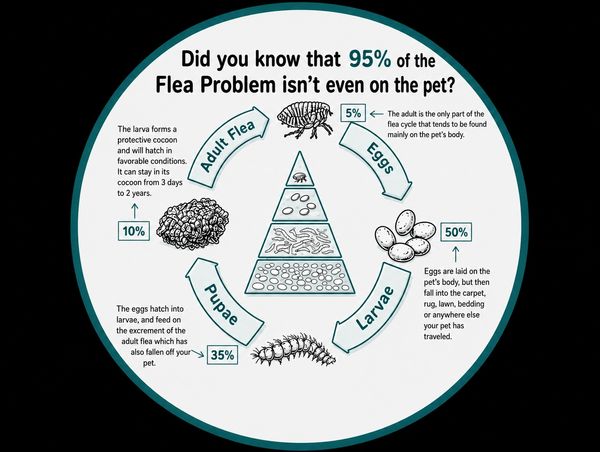 Infographic explains flea life cycle stages and their distribution off the pet.