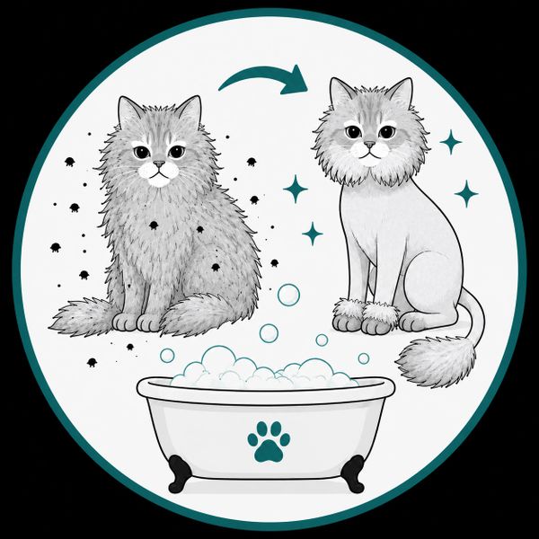 Illustration showing a dirty cat transforming into a clean one after a bath.
