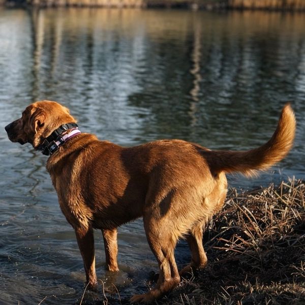 Brown dog standing in shallow water near the shore during sunset.