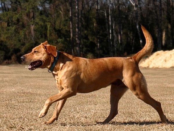 A happy brown dog running on dry grass in an outdoor setting.