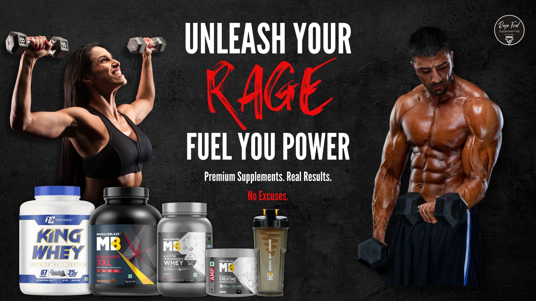 Muscular man and woman lifting weights with supplements and motivational text in background.