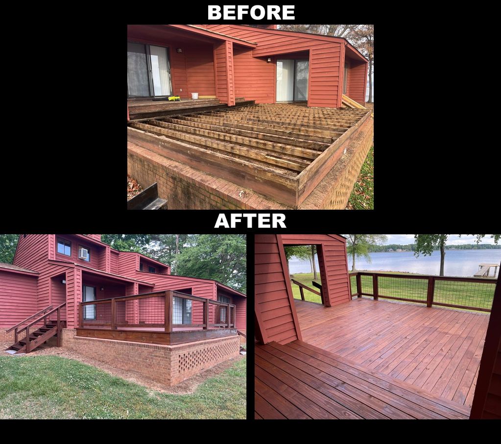 Before and after images of a wooden deck renovation on a red house by a lake.